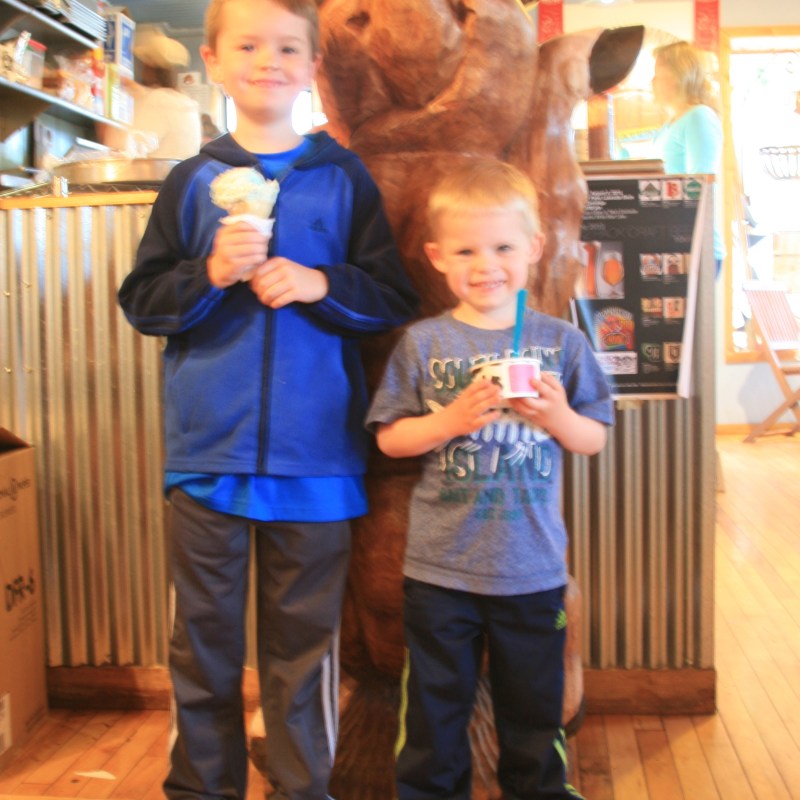 Two young boys holding ice cream cups and smiling at camera