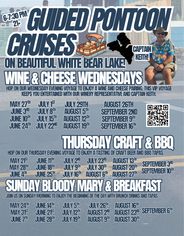 Flyer for Therapy Thursdays and pontoon cruises with brewery events and Thursday BBQ tours.