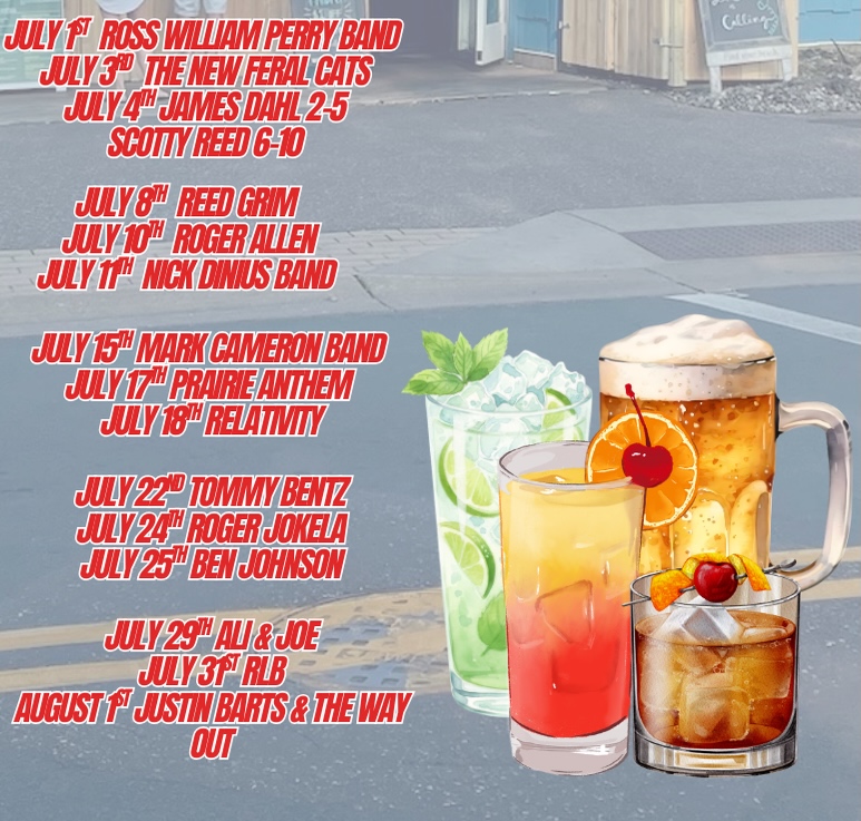 Event schedule in red text with illustrations of assorted drinks on a road background.