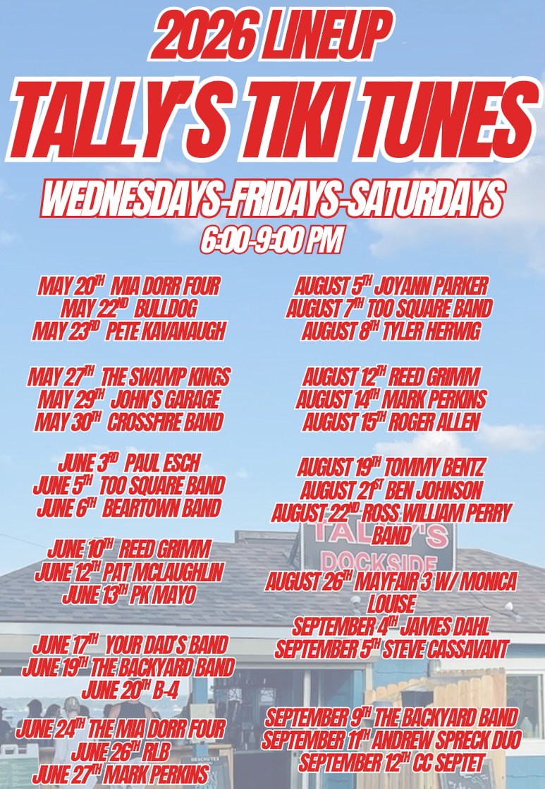 Poster for Tally's Tiki Tunes 2026 lineup with band dates from May 20 to September 12.