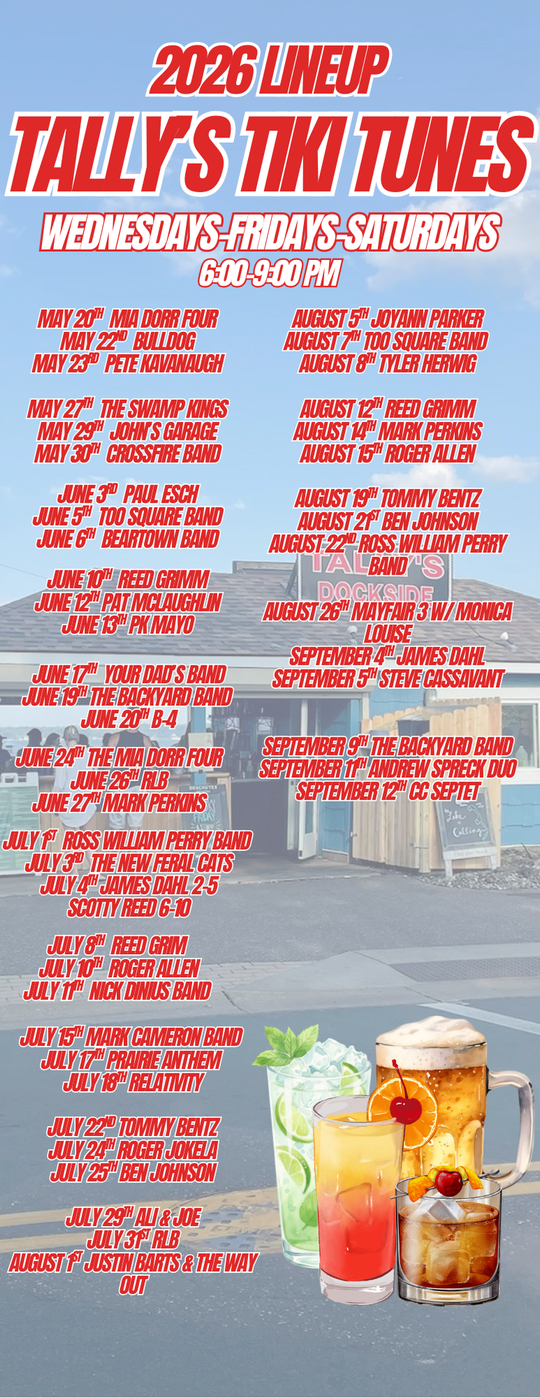 Colorful poster listing 2026 music line-up for Tally's Tiki Tunes, with cocktail images at the bottom.