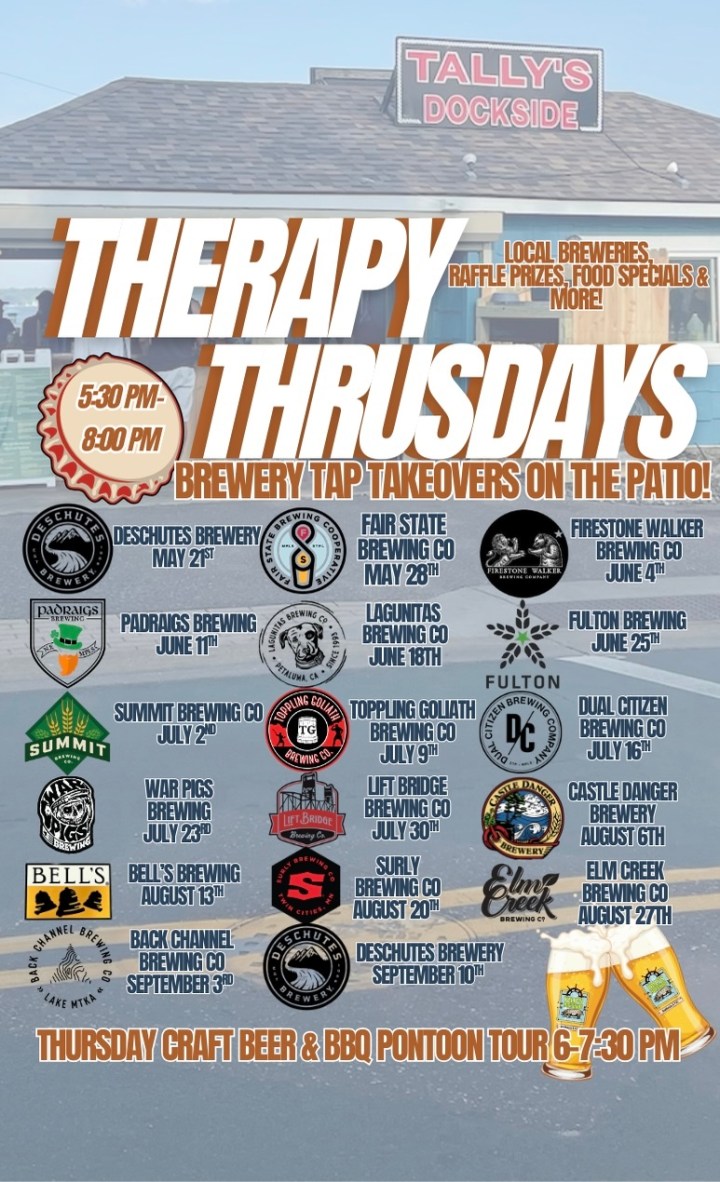 Therapy Thursdays poster featuring brewery events and logos at Tally's Dockside.