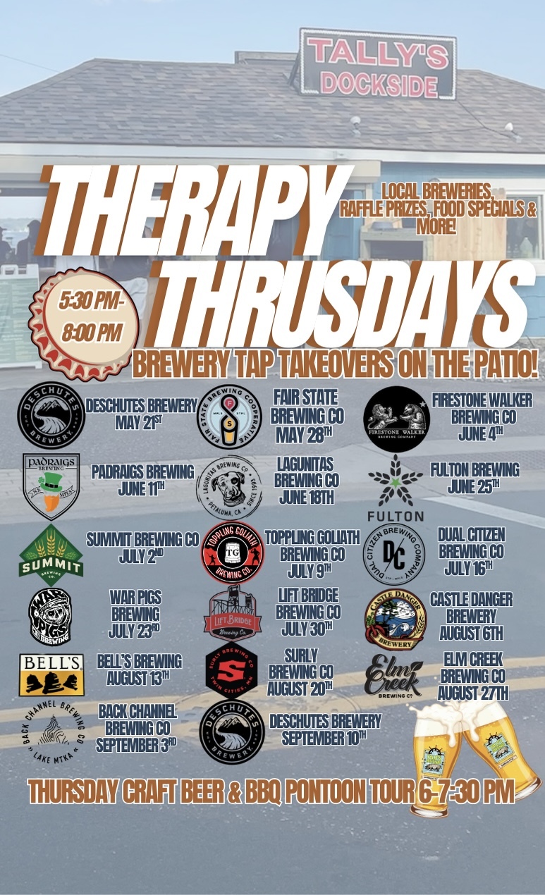 Therapy Thursdays poster featuring brewery events and logos at Tally's Dockside.