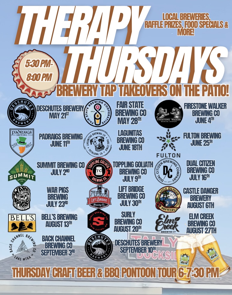 Therapy Thursdays craft beer event poster with brewery logos and schedule.