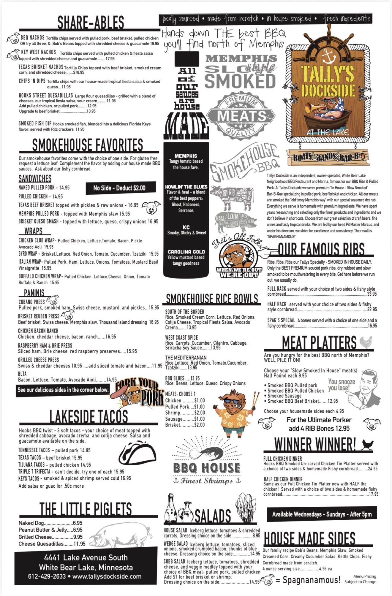 Restaurant menu with BBQ items, tacos, salads, smoked meats, and sides.